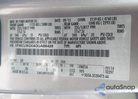 2016 Ford Escape Se from USA, damaged, VIN 1FMCU9GX4GUA88428